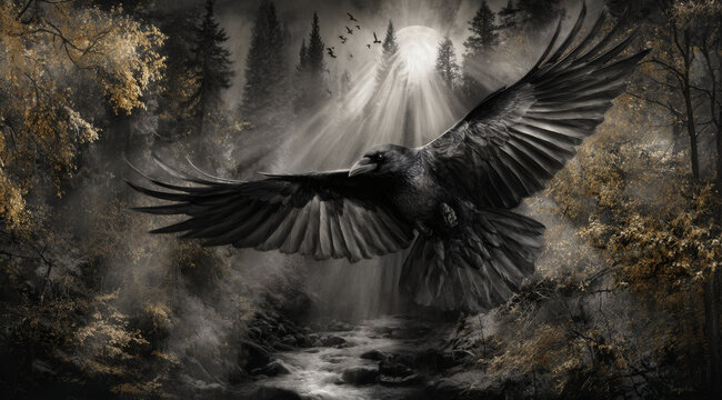 Raven with Outstretched Wings over Moonlit Forest - Powered by Adobe