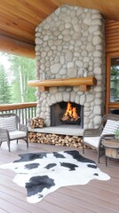 Naklejka premium The stone fireplace radiates warmth as flames dance above the glowing firewood, filling the room with a comforting atmosphere