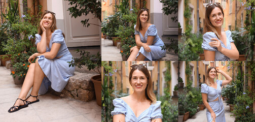 Fototapeta premium Ideas for posing during photo shoot. Portraits of woman outdoors, collage