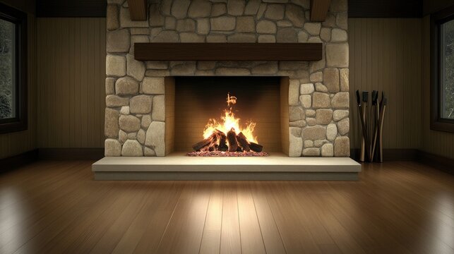 The stone fireplace radiates warmth as flames dance above the glowing firewood, filling the room with a comforting atmosphere