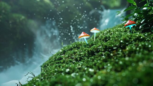 A magical waterfall scene. With glowing mushrooms and mossy landscapes.