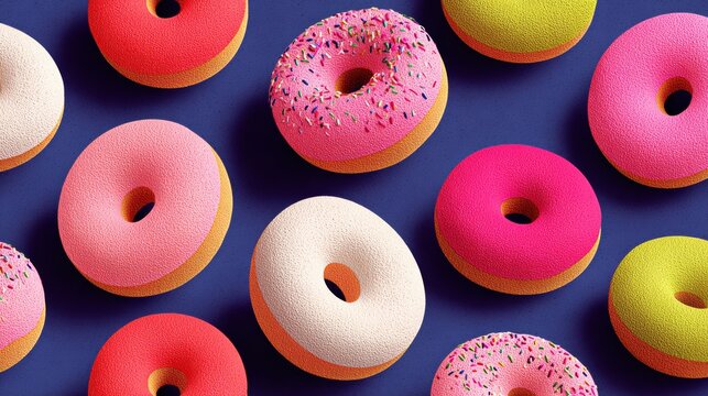 Row of donuts with pink and white frosting and sprinkles. The donuts are arranged in a pattern on a blue background