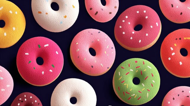 Row of colorful doughnuts with sprinkles on top. The doughnuts are arranged in a pattern, with some being closer together and others further apart. Scene is playful and fun