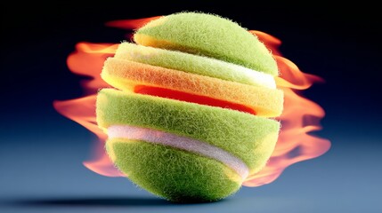 Green tennis ball with a yellow and orange stripe is surrounded by flames. The ball is made of foam and has a unique design