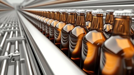 Workers operate a conveyor belt, moving Lockheed-style bottles in a high-quality beer production facility during daytime hours