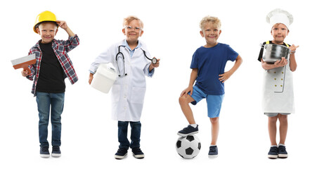 Choice of profession. Cute boy in different clothes representing various occupations, collage on white background