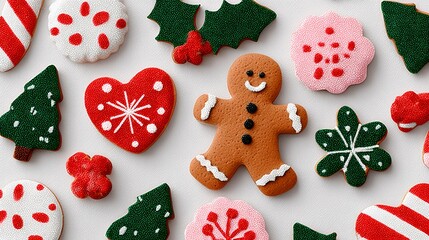 Variety of Christmas cookies with a gingerbread man in the middle. The cookies are decorated with frosting and sprinkles