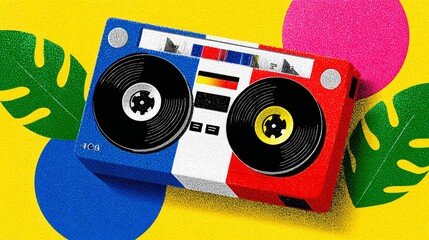 Colorful boombox with a green leaf on it. The boombox is red, blue and white