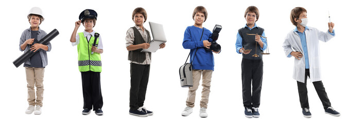 Choice of profession. Cute boy in different clothes representing various occupations, collage on white background