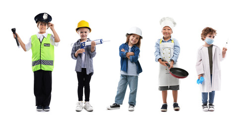Cute children pretending themselves as workers of different occupations, collage on white...