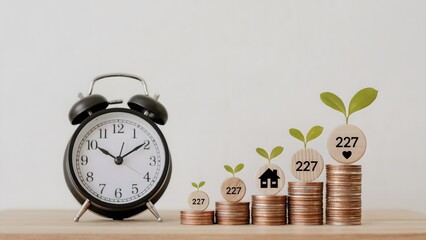 Time is Money Investing in Growth and Home Ownership, Planted Coin Stacks Show Steady Savings and Financial Planning for Future Real Estate Goals