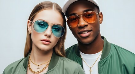 Stylish young couple wearing aviator sunglasses and bomber jackets, exuding confidence and modern fashion