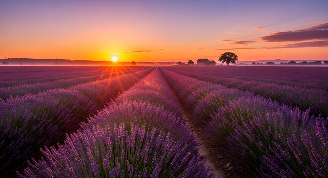 Lavender field at sunrise with sun rays shining through the flowers in brihuega, spain