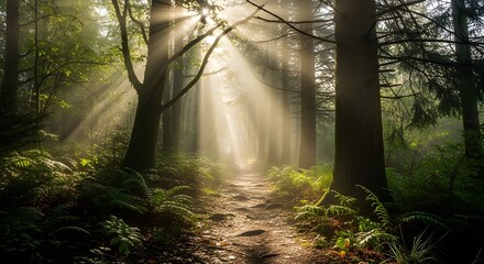 Obraz premium Sunlight streams through the trees in a misty forest, illuminating a path in the woods