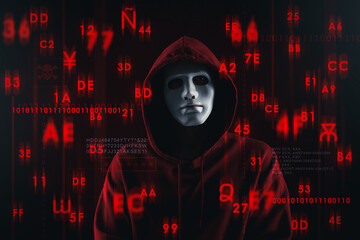 Cyber attack. Anonymous hacker in mask on dark background. Programming code and different symbols