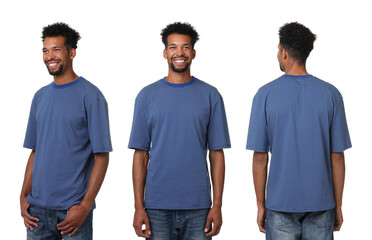 African-American man in blue t-shirt against white background, collage