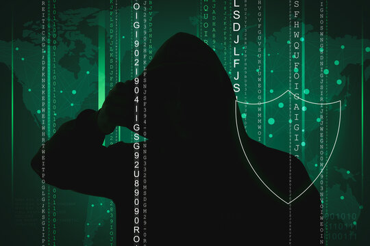 Cyber attack. Anonymous hacker against digital world map. Shield and codes on dark green background