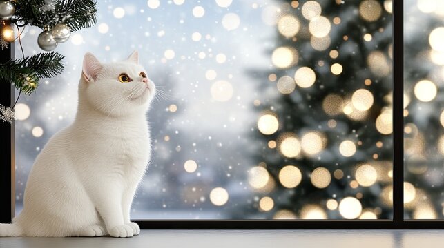 A white cat gazes out from the windowsill, captivated by a dazzling winter wonderland shimmering with soft lights and falling snow