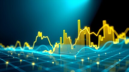 Dynamic blue and green digital stock market graph with bar charts and lines on a dark background, representing financial data analysis, investment trends, business growth, and global economy fluctuat