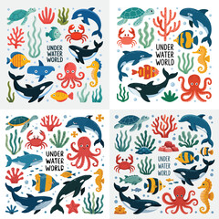 Obraz premium Seamless vector pattern set with cute cartoon fish, sea animals, and summer icons