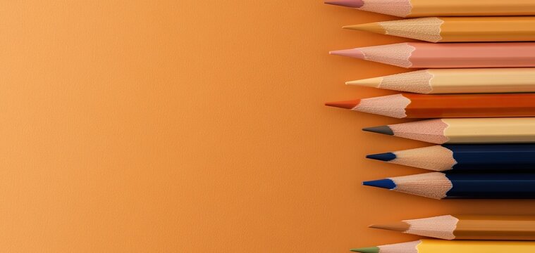 Vibrant pencils are organized in rows against a bright orange backdrop, ideal for artistic drawing or coloring pursuits