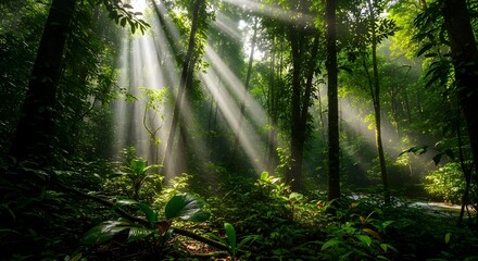 Obraz premium Sunlight streams through the lush green canopy of a tropical rainforest, creating a serene scene