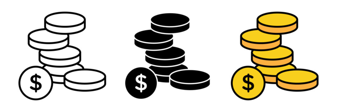A modern flat-style dollar coin stack icon in colored, filled, and stroke design. Represents money, finance, savings, investment, and business profit.