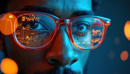 Close-up of African American man wearing glasses with digital code and data visualizations reflected in lenses. Man looking with futuristic cyber interface. Digital information display on glasses.