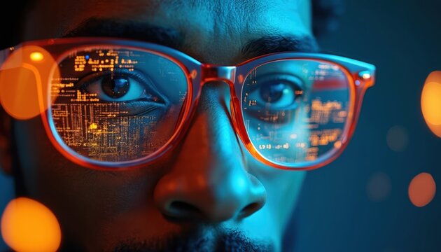 Close-up of African American man wearing glasses with digital code and data visualizations reflected in lenses. Man looking with futuristic cyber interface. Digital information display on glasses.