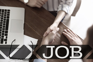 Job search. Recruiter and candidate shaking hands in office, closeup