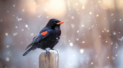 Fototapeta premium A raven stands in profile against a blurred background of falling snowflakes and warm bokeh lights, creating an enchanting winter atmosphere