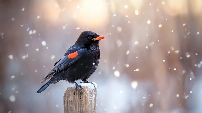 A raven stands in profile against a blurred background of falling snowflakes and warm bokeh lights, creating an enchanting winter atmosphere