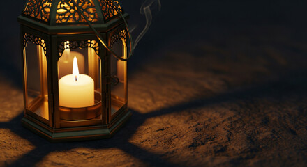A single candle lamp glowing in the middle of complete darkness. A concept of hope, light, and solitude.