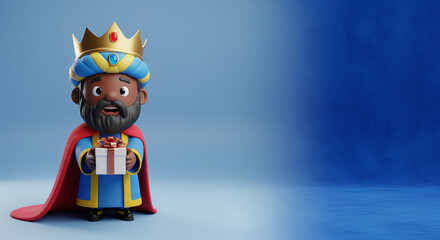 Epiphany Sale Concept with a Wise Man Holding a Gift on a Blue Background. Ideal for Christmas and holiday promotions.