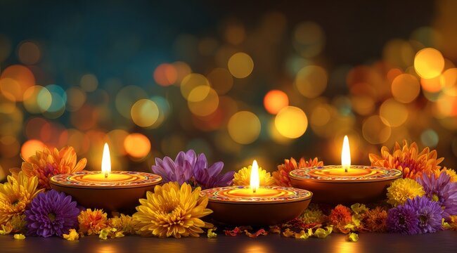 Colorful Flowers and Candles Create a Festive Atmosphere for Celebration at Night