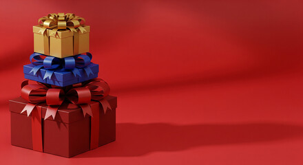 Festive Stack of Gold, Blue, and Red Gifts on a Red Background. A vibrant image for Christmas and holiday events.