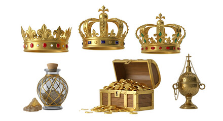 3D Render of Gold, Frankincense, and Myrrh with Three Crowns. A concept of the gifts of the Magi for Epiphany.