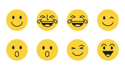 Fototapeta premium Collection of Yellow Emoticons Expressing Various Emotions Happy Laughing Surprised Winking and Joyful
