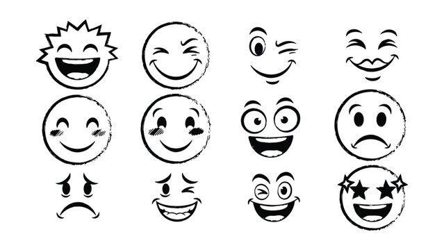 Collection of cartoon emoji faces showing different emotions in black and white isolated on white background