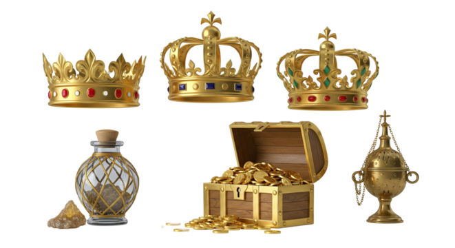 3D Render of Gold, Frankincense, and Myrrh with Three Crowns. A concept of the gifts of the Magi for Epiphany.