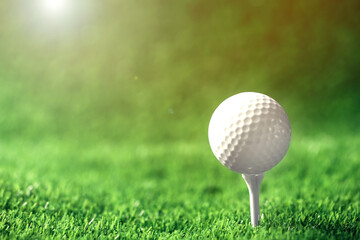 Golf ball with tee on grass, space for text