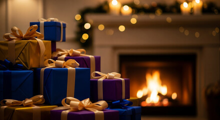 Pile of Christmas Presents Stacked by a Warm Fireplace. A classic, cozy scene of holiday celebration at home.