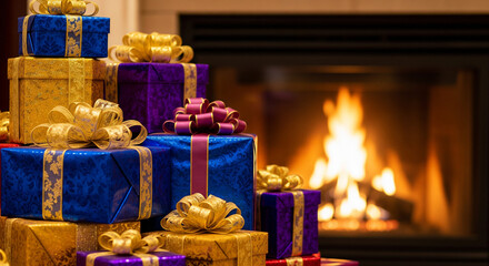 Wrapped Holiday Gifts Piled in Front of a Cozy Fireplace. A magical and festive Christmas morning atmosphere.