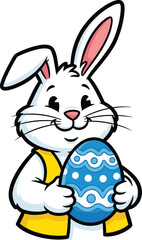 Cute white Easter bunny holding decorated blue egg, cheerful spring holiday illustration, cartoon rabbit character, cad drawing flat vector design