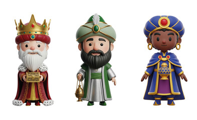 Cute 3D Render of the Three wise men (tres Reyes Magos). A charming and adorable illustration for children's Christmas themes.in 3d cartoon style celebrating epiphany with gifts