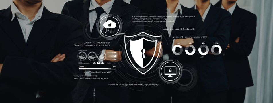 A professional business team in suits stands confidently with a cybersecurity concept. The image features a shield icon and digital interface elements representing data protection. Trope