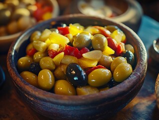 A bowl filled with olives in different colors, including green and black, along with slices of red bell peppers and yellow tomatoes, offering a vibrant and appetizing display.