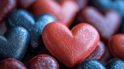 A collection of heart-shaped candy pieces with a sparkly texture and red, blue, and dark red colors.
