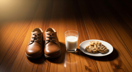 A Pair of Shoes Beside Milk and Cookies. A conceptual image of the Spanish tradition for the Three Kings (Reyes Magos).