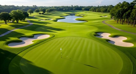 Beautiful golf course aerial view with green grass and sand traps
